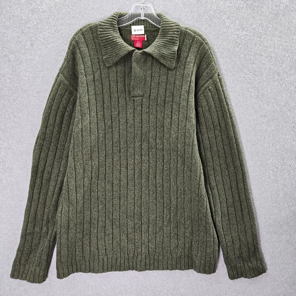 VINTAGE Guess Men Sweater Large Green Knit 100% Lambswool Polo Collar Pullover